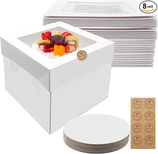 itechpanda 8 Pack Cake Boxes 10x10x8 Inches Tall Cake Box with Boards White Bakery Boxes with Window Disposable Containers with Lids for Baking Cake Donuts Cheesecake Wedding Birthday Party