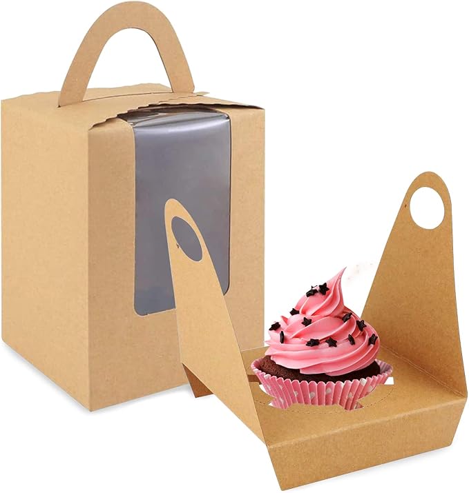 Cupcake Boxes, 30 Pack Individual Single With Clear Window Inserts Handle - Muffins Carriers Pastry Containers (Brown)