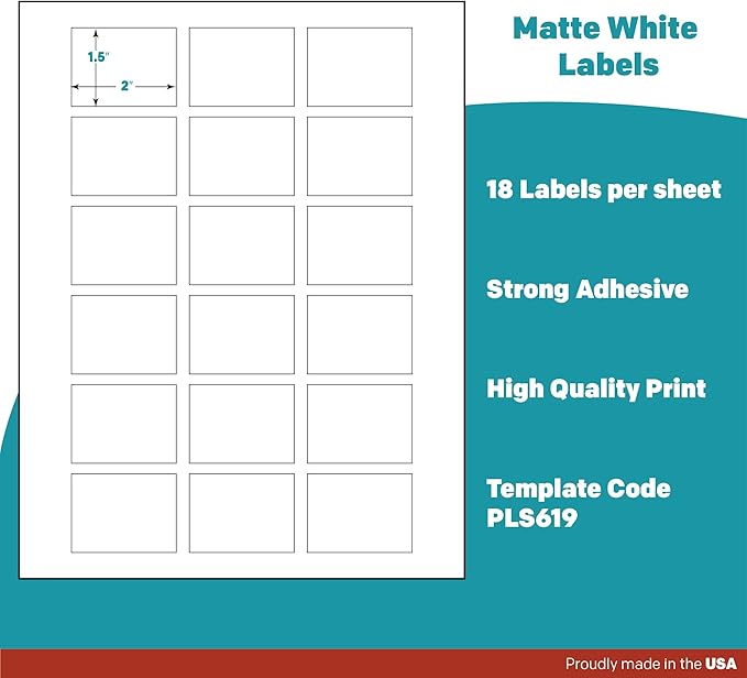 Premium Label Supply White Sticker Labels – 2" x 1.5" – Laser/Inkjet Compatible – (18 per Sheet), 500 Sheets – 9,000 Total Adhesive Labels