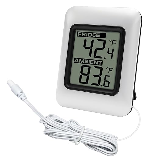 Urageuxy Digital Refrigerator Thermometer with Large LCD, Wired Freezer Room Indoor Outdoor Thermometer with Magnetic Back, Easy to Read