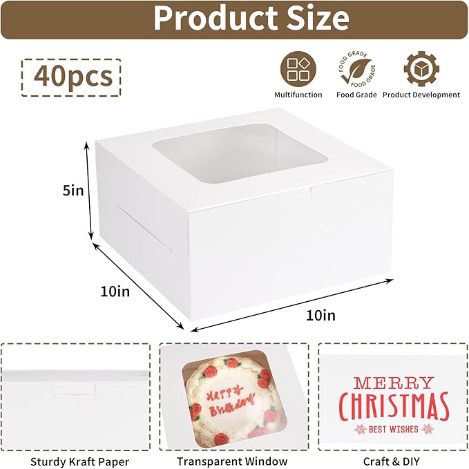 Moretoes 40pcs Cake Boxes, 10x10x5 Inch White Bakery Boxes with Window for Valentine's Day, Mother's Day, Pastries, Cookies, Pie, Cupcakes