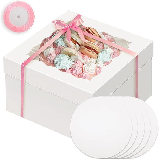 Bakepacker 36pcs 12x12x8 inch Cake Boxes with Window - 18 Packs White Cake Boxes & Boards + 10 Meters Silk Ribbon