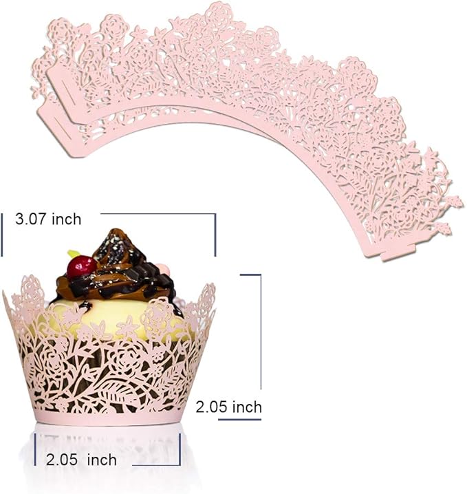 YOZATIA 60pcs Pink Rose Lace Cupcake Wrappers Holders, Laser Cut Cupcake Liners Decorative Liners for Wedding Party Birthday Cake Decoration Supplies