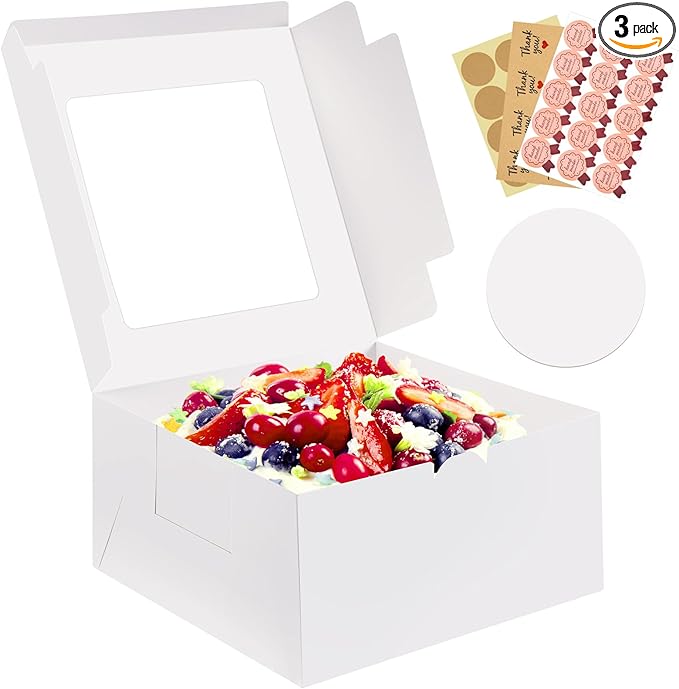 3 Pack Cake Boxes, 10x10x5 Inches Cake Boxes with Boards, White Square Bakery Boxes with Window, Disposable Cake Containers with Lids for Pastry Pie Cookies Chocolates Wedding Birthday Party