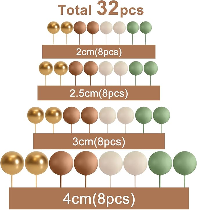 ASTARON 32 Pcs Ball Cake Topper Decorations Mini Balloons Cake Topper Sticks Foam Balls Cake Picks Cake Topper Balls Cake Decorations for Wedding Party Birthday Cake Decorating (Green Brown Gold)