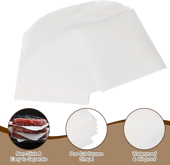 uxcell 500 Pcs Unbleached Parchment Paper Baking Sheets Squares, 3.1 Inch Hamburger Patty Paper, Non Stick Parchment Pulp Paper for Baking Grilling or Meat Storage, White