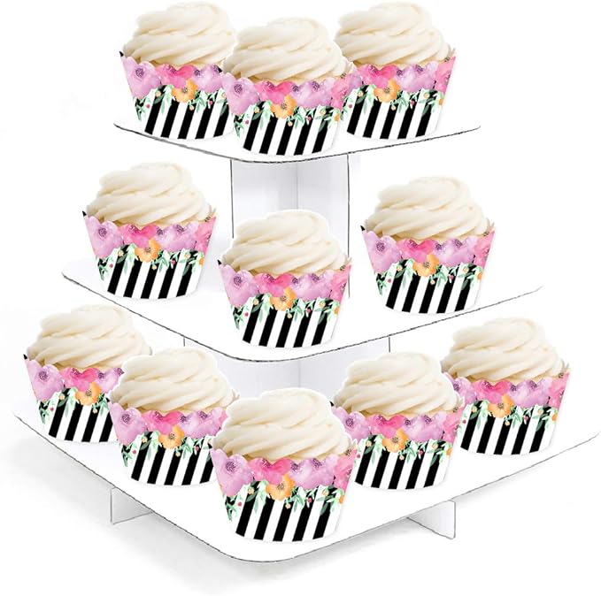Andaz Press Party Cupcake Wrapper Decorations, Pink Floral Flowers with Black and White Stripes, 24-Pack, For Girls 1st Birthday Baby Bridal Shower Tea Party Themed Decorations