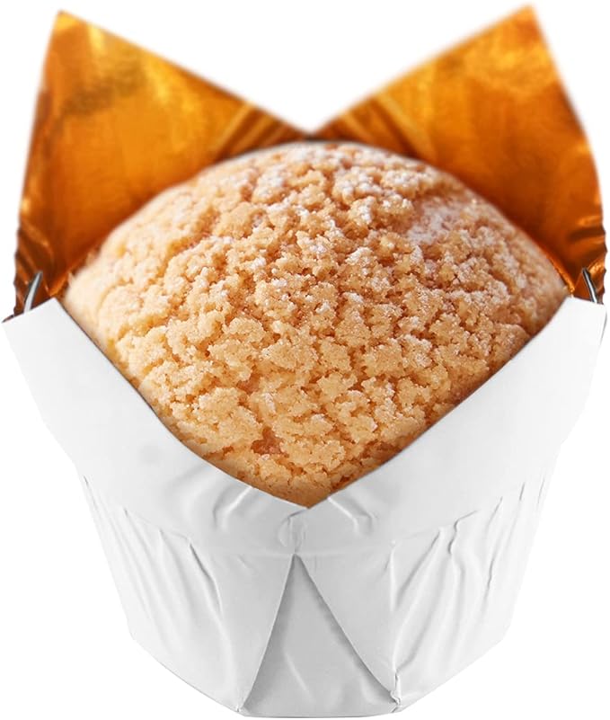 Party Hippo Gold Tulip Cupcake Liners 100 Pcs Baking Paper Cups Holders Greaseproof Muffin Cases Wrappers for Wedding Birthday Party Baby Shower (White)