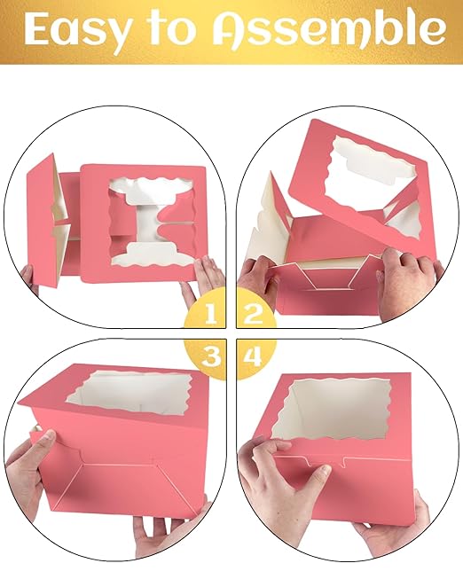 qiqee 8x8x5 Cake Box, 18 Sets Coral Orange Cake Box with Window ＆ 18 Sets 8" Coral Orange Cake Round Boards, 8inch Cake Containers