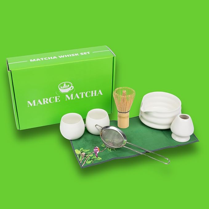 Matcha Whisk Set- Matcha Set includes Matcha Whisk and Bowl (Bowl with Spout), Sifter, Holder and Scoop- The Perfect Bamboo Whisk for Matcha Tea (White- 7PC)