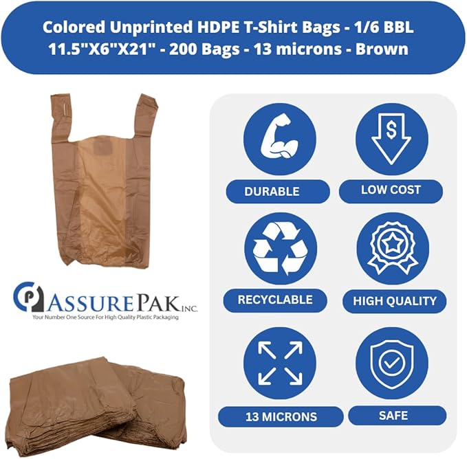 ASSUREPAK Brown HDPE T-Shirt Plastic Bags for Retail, Groceries, Merchandise, Convenience Store, Supermarket, Restaurant - 1/6 BBL, 11.5"X6"X21" - Pack of 200 Bags, 13 Microns - Unprinted (Brown)
