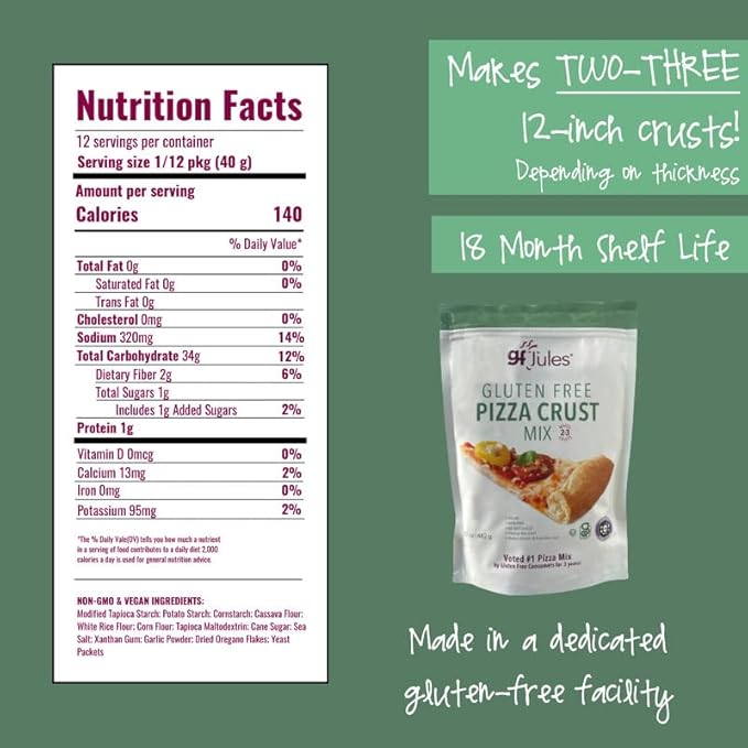 gfJules Certified Gluten Free Pizza Crust Mix | Deep Dish or Thin Crust | No Grit, Non-GMO, Vegan | Certified Top 9 Allergen-Free & Kosher | Makes two-three 12 in. Crusts | 17oz Pouch