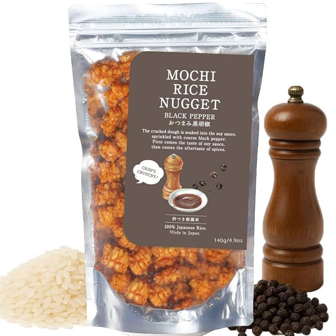 Mochi Rice Nuggets – Japanese Rice Crackers, Rice Crispy Treats, Japanese Snacks, No MSG, No Artificial Colors or Preservatives, Made in Japan, arare rice crackers, Black pepper flavor 4.9oz (140g)
