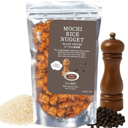 Mochi Rice Nuggets – Japanese Rice Crackers, Rice Crispy Treats, Japanese Snacks, No MSG, No Artificial Colors or Preservatives, Made in Japan, arare rice crackers, Black pepper flavor 4.9oz (140g)