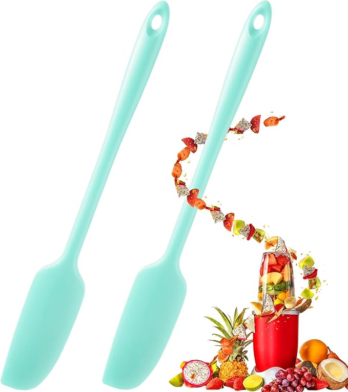 Patelai 2 Pieces Silicone Jar Spatula Long Handle Non-stick Rubber Scraper Heat Resistant Spatula Silicone Scraper for Jars, Smoothies, Blenders Cooking Baking Stirring Mixing Tools (Mint)