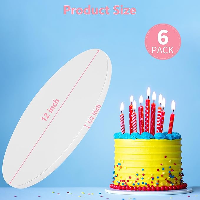 6 PCS 12-Inch Cake Drums, Sturdy Cake Boards, 1/2" Thick Cardboard Rounds for Multi-Layer Cakes, Food-Grade Cake Base
