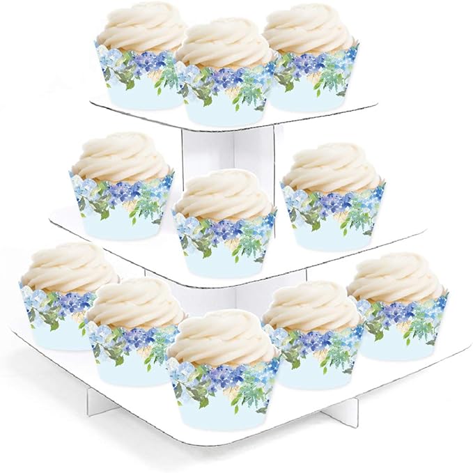 Andaz Press Party Cupcake Wrapper Decorations, Baby Blue Hydrangeas on Sky Blue, For Girl's 1st Birthday, Bridal Showers, Tea Party Themed Decorations - 24-Pack