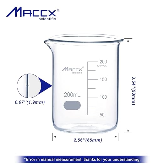 6.7oz(200ml) Sturdy Glass Beaker, 3.3 Borosilicate Griffin Low Form with Printed Graduation, Pack of 10, BKL200-010