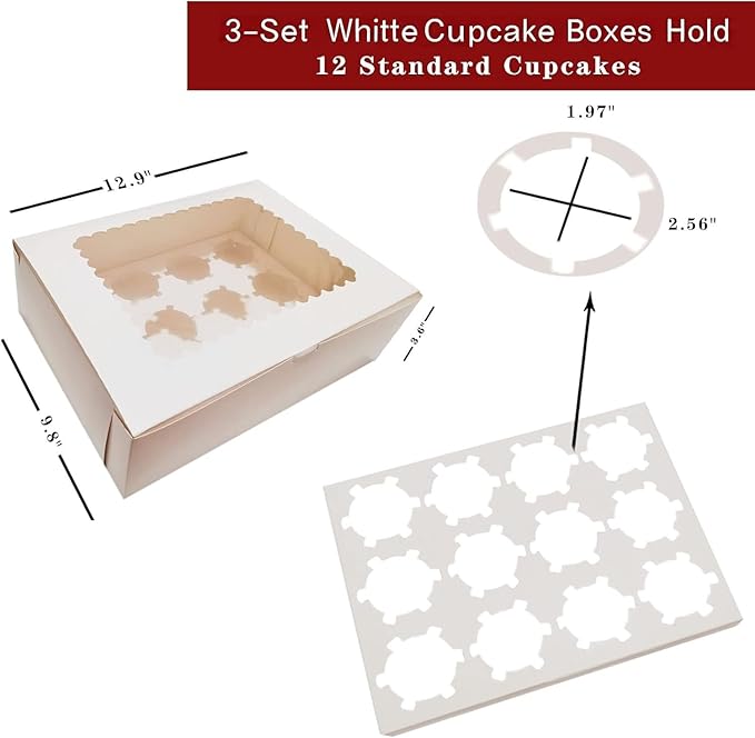 3-Set Cupcake Boxes Bulk with Clear Display Window Hold 12 Standard Cupcakes, Disposable Food Grade White Cupcake Carrier Cupcake Container, Perfect for Cupcakes Muffins Cookies Pastries