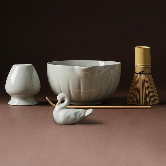 Matcha Whisk Set - 5PCS Japanese Tea Set Includes Matcha Bowl with Spout, Bamboo Whisk with Ceramic Holder, Bamboo Scoop and Sifter, Matcha Kit for Ceremony, Gift for Family/Friend (White/5PC)