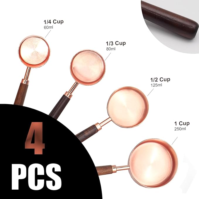 SHIKORI Gold Measuring Cups and Spoons Set with Wood Handles, Premium Stainless Steel Measuring Spoons and Measuring Cups Set, For Cooking and Baking in the Kitchen-Rose Gold-4Cups