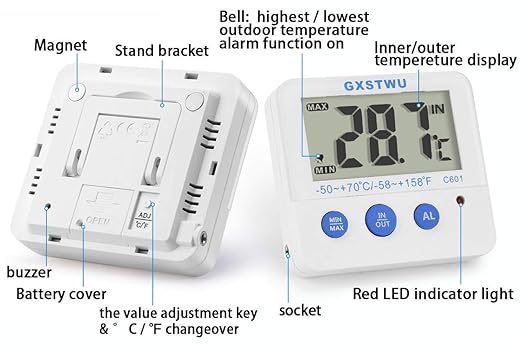 Fridge Freezer Thermometer Max/Min Memory High & Low Temperature Alarms Settings with LED Indicator Digital Refrigeration Thermometer with Magnetic,Stander (WhiteMeter2pack)