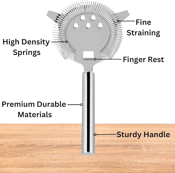 Cocktail Strainer - Stainless Steel Hawthorne Strainer With Handle - Bar Strainer With High Density Spring - Drink Strainer For Cocktails Great For Home Bar Or Professional Bartenders