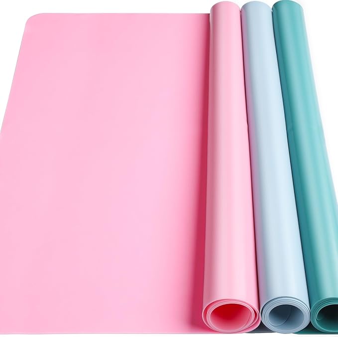 LEOBRO Silicone Mat for Crafts, 3 PCS 23.4” x 15.6” Large Silicone Mats, Play Dough Mat, Craft Mats for Resin Molds, Clay, Jewelry Making, Sculpture Casting, Pastel Pink & Dark Green & Pastel Blue