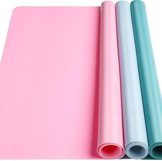 LEOBRO Silicone Mat for Crafts, 3 PCS 23.4” x 15.6” Large Silicone Mats, Play Dough Mat, Craft Mats for Resin Molds, Clay, Jewelry Making, Sculpture Casting, Pastel Pink & Dark Green & Pastel Blue