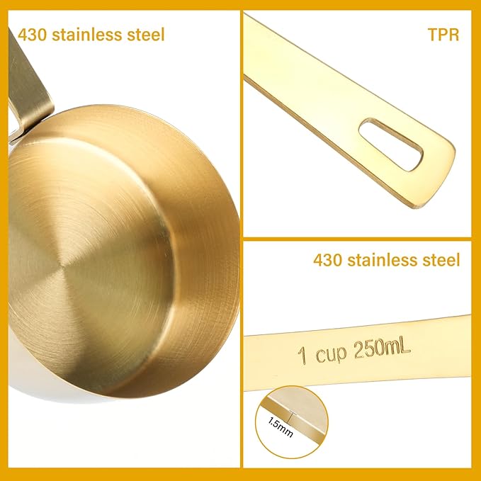 Stainless Steel Measuring Cups & Spoons Set, 8 Piece Stackable Accurate Tablespoon, Kitchen Gadgets for Cooking & Baking, Large, Golden