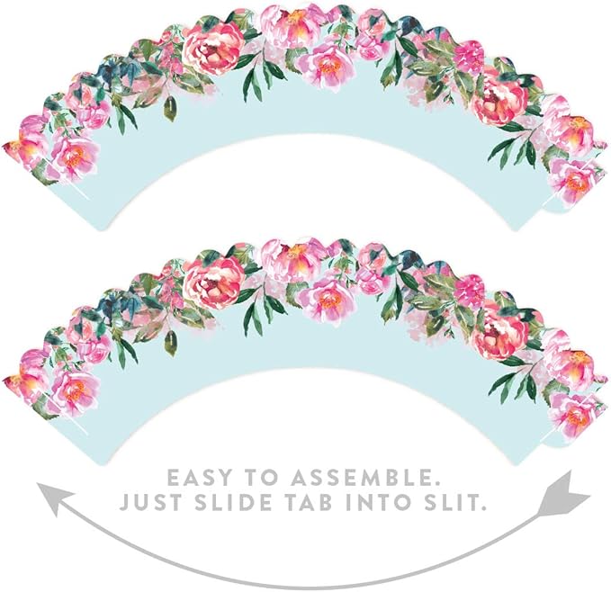 Andaz Press Party Cupcake Wrapper Decorations, Pink Roses and Peonies on Baby Blue, 24-Pack, For Girls 1st Birthday Baby Bridal Shower Tea Party Themed Decorations
