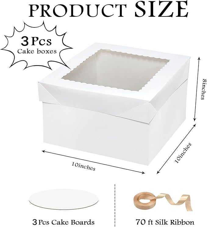 6PCS 10x10x8 Inches Cake Boxes with Boards—（3 Boxes with window & 3 Borads & 70ft Silk Ribbon） Large Square Baking Boxes