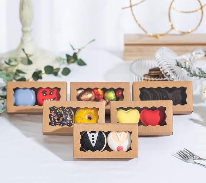JCXGRVC 24PCS 4.17x2.16x1.37 Inches Natural Brown Macaron Boxes with Clear Display Window, Great for Party, Candy Treat Boxes