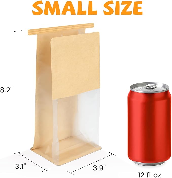 50 Pack Small Bakery Bags with Window, 3.9x3.1x8.2 Inches Tin Tie Tab Lock Cookie Packaging Bag Resealable Paper Treat Bags for Homemade Granola, Baked Goods Gift Giving