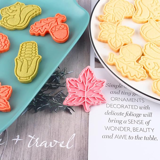 Novel Thanksgiving Cookie Cutters and Stamper, Maple Leaf, Squirrel, Hazelnuts, Turkey, Corn, Pumpkin 3D Cookie Cutters Set for Thanksgiving Baking (Pack of 12)