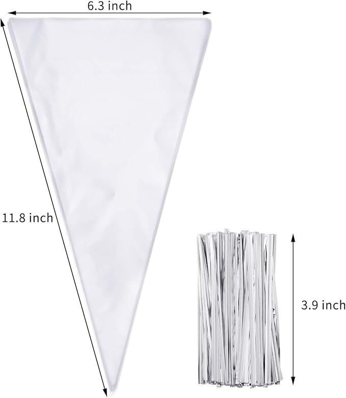 Outus 100 Pcs 7 x 12 Inch Cone Shaped Clear Cello Cellophane Treat Bags Medium Transparent Cone Cello Sweet Treat Bags with 100 Pieces Twist Ties for Party Favor(Silver Twist Ties)