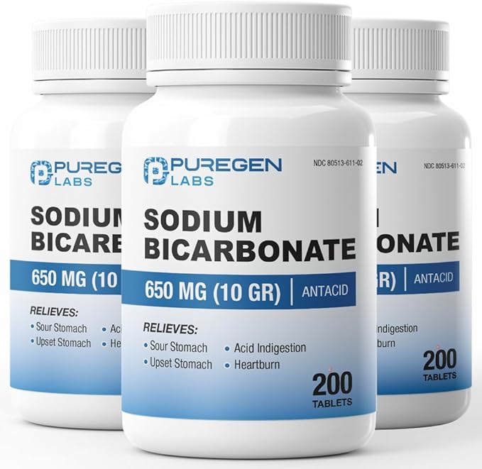 Puregen Labs Sodium Bicarbonate Tablets 650mg (10 Grains) - Total 600 Count | Baking Soda Supplement, Natural Relief of Acid Indigestion, Heartburn, Sour Stomach & Upset Stomach