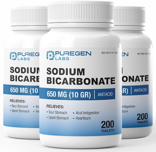 Puregen Labs Sodium Bicarbonate Tablets 650mg (10 Grains) - Total 600 Count | Baking Soda Supplement, Natural Relief of Acid Indigestion, Heartburn, Sour Stomach & Upset Stomach