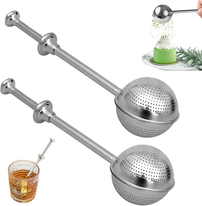 2 PCS Flour Sifter, Loose Tea Diffuser Portable Tea Strainer with Handle Tea Filter Powder Sugar Shaker Sifter Duster Baker's Dusting Wand Dispenser for Flour Spices Flour Sprinkler for Bread Baking