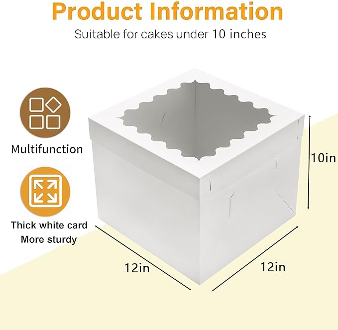 8pcs Cake Boxes 12 Inch,12x12x10in Tall Cake Boxes with Window,10in 12in White Bakery Boxes with Lids,Large Baking Boxes,Square Bakery Boxes for Multi-Layer Cakes