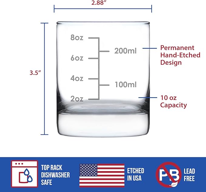 Custom Cocktail Measuring Cup - Personalized Whiskey Rocks Glass - Engraved Measurement Lines for Bartender & Portion Control - Ounces and Metric - 10.25 oz Glasses