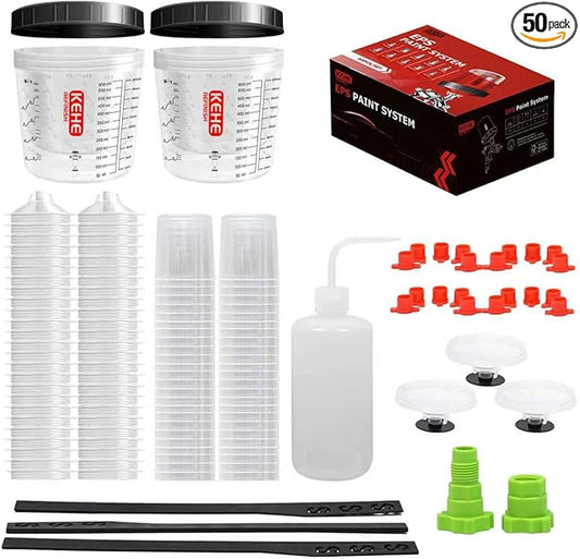 Disposable Paint Cups for Spray Gun,Mixing Cups 20 Ounce (600ml) Kit with 50 Cups and Lids with Strainer System for HVLP&LVLP,2 Hard Cups with Retainer Ring,20 Plugs,3 Caps,2 Adapters,1 Wash Bottle