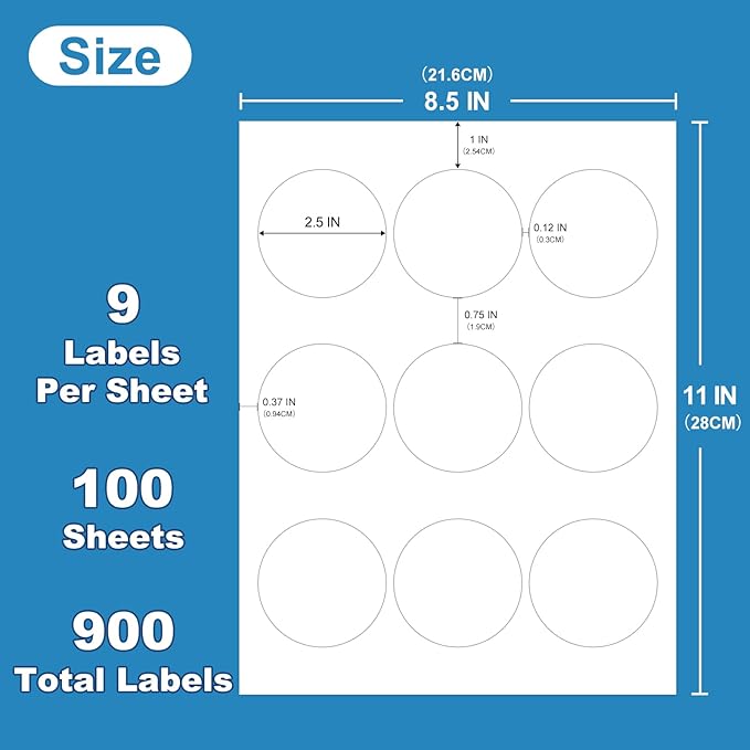 2.5" Round Sticker Labels for Laser/Ink Jet Printers, White Printable Labels Sheets, Circle Sticker Labels, 100 Sheets | 900 Labels (HB-C009)