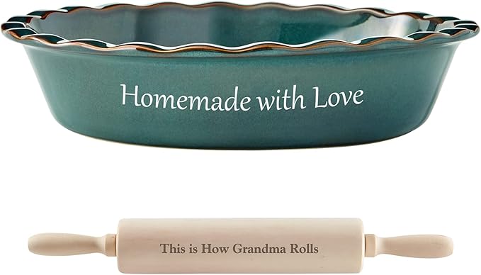 Let's Make Memories Personalized Stoneware Pie Dish - Teal + Rolling Pin