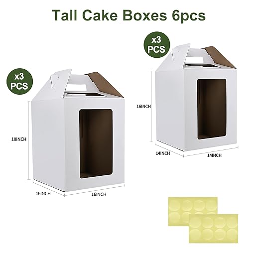 KBG Tall Cake Boxes for Tier Cakes 6pcs 14x14x16 and 16x16x18 Inches With Window With Handle,Disposable Large Cake Box for Wedding Cake Safe Transport Box