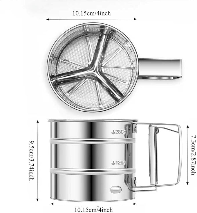 Flour Sifter,Upgraded 3-Cup Flour Sifter for Baking, One-Hand Press 3-in-1 Sifter with Double-Layer Fine Mesh, Stainless Steel Flour Sieve Baker for Quick Sifting and Super Smooth Dough Dusting