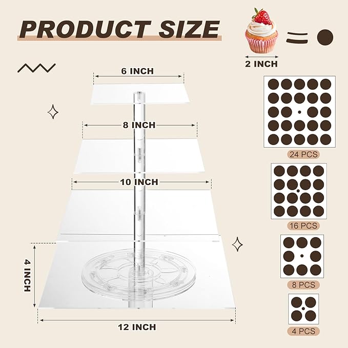 Tiered Cupcake Display Stand Rotatable Cake and Cupcake Tower Stand Combo Clear Acrylic Cake Holder with Tiered Tray for Dessert Pastry Birthday Wedding Party Table(4 Tire and Rectangle)