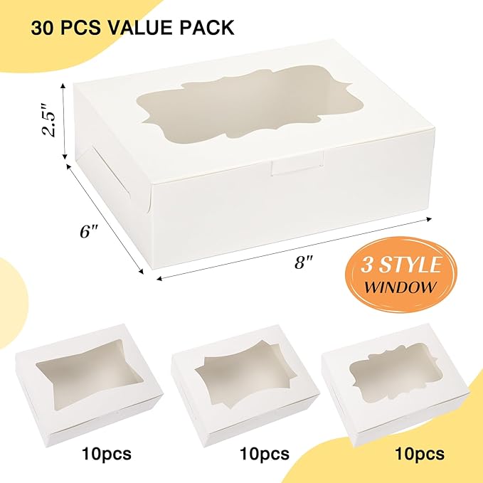 TOMNK 30pcs Cookie Boxes, 8x6x2.5 Inches 3 Style Windows Treat Boxes with Window for Treats, Chocolate Covered Strawberries, Muffins, Donuts