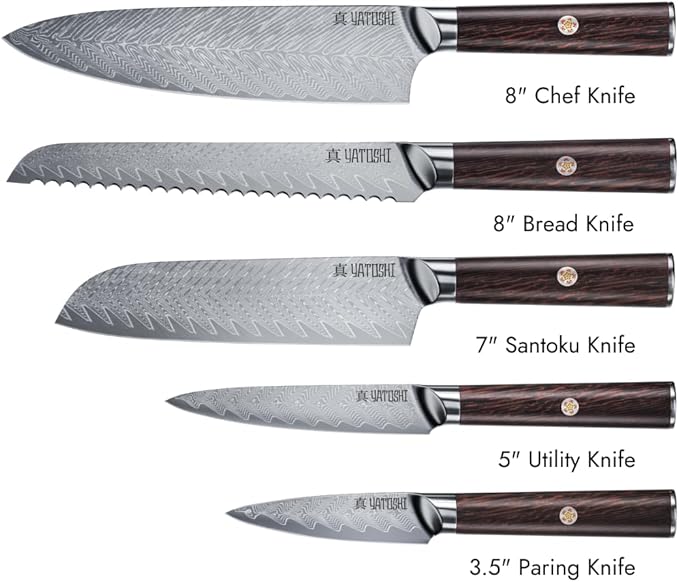 Yatoshi Knives Magnetic Kitchen Knife Block Set - Japanese 67 Layer High-Grade VG-10 Steel Knives, Sharp, G10 Handle Professional Kitchen Knife Set - Damascus (6 pieces), Brown