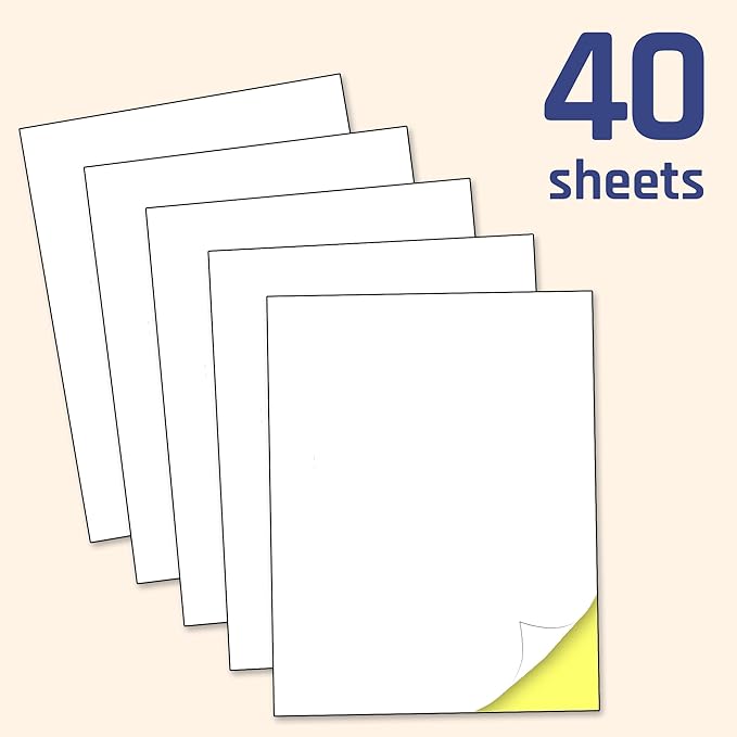 40 Sheets - Sticker Paper for Printer, Printable White Labels for Inkjet and Laser Printing - 8.5" x 11"